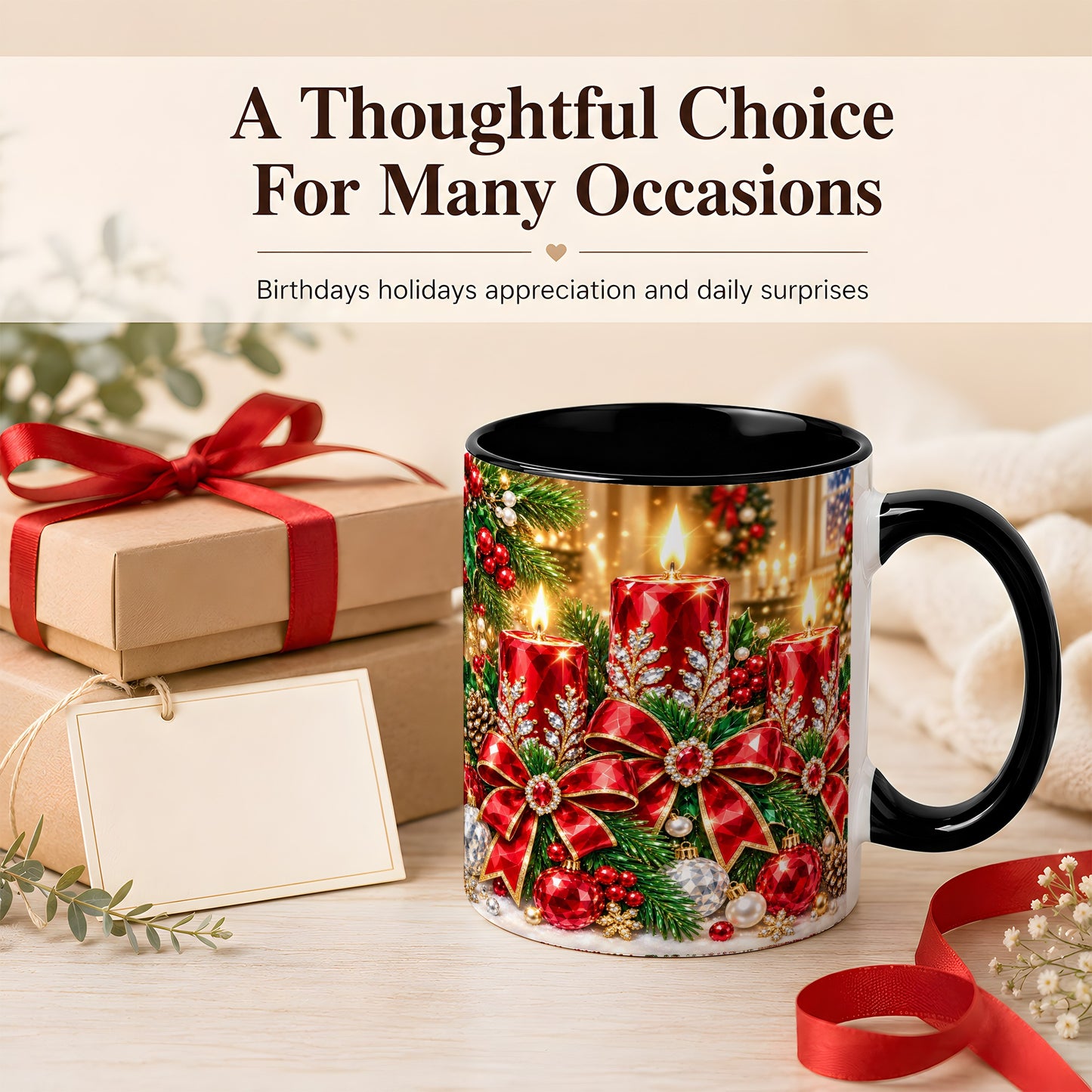 #pl[11oz|Black] Christmas Candle Coffee Mug, Red Bow Holiday Mug, Ceramic Cup