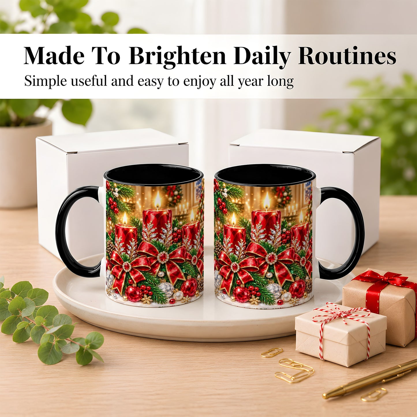 #pl[11oz|Black] Christmas Candle Coffee Mug, Red Bow Holiday Mug, Ceramic Cup