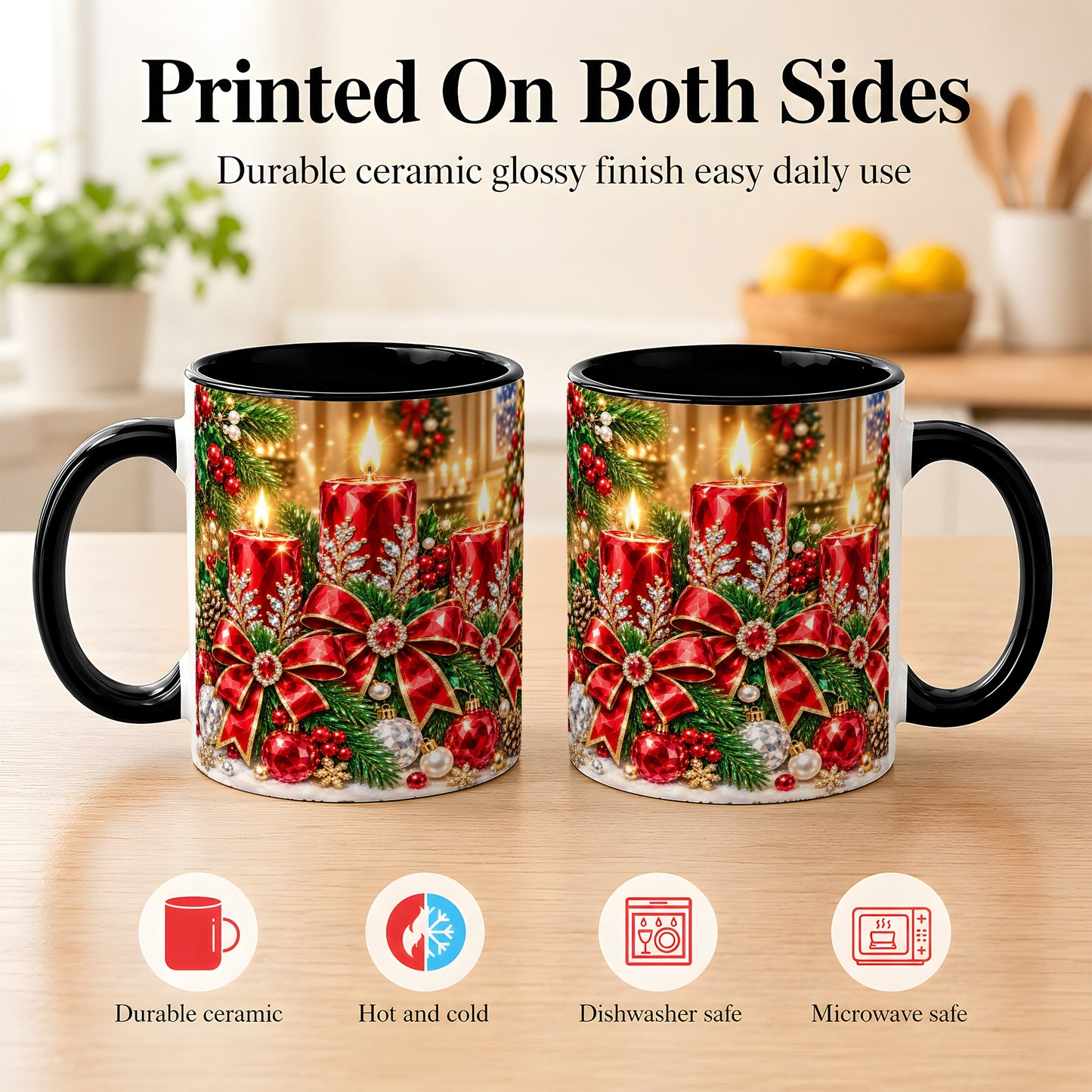 #pl[11oz|Black] Christmas Candle Coffee Mug, Red Bow Holiday Mug, Ceramic Cup