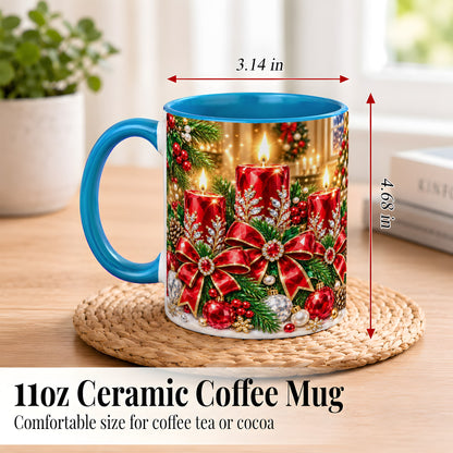 #pl[11oz|Blue] Christmas Candle Coffee Mug, Red Bow Holiday Mug, Ceramic Cup