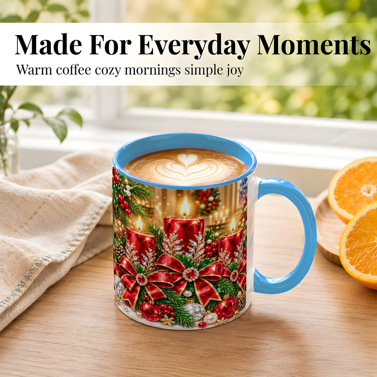 #pl[11oz|Blue] Christmas Candle Coffee Mug, Red Bow Holiday Mug, Ceramic Cup