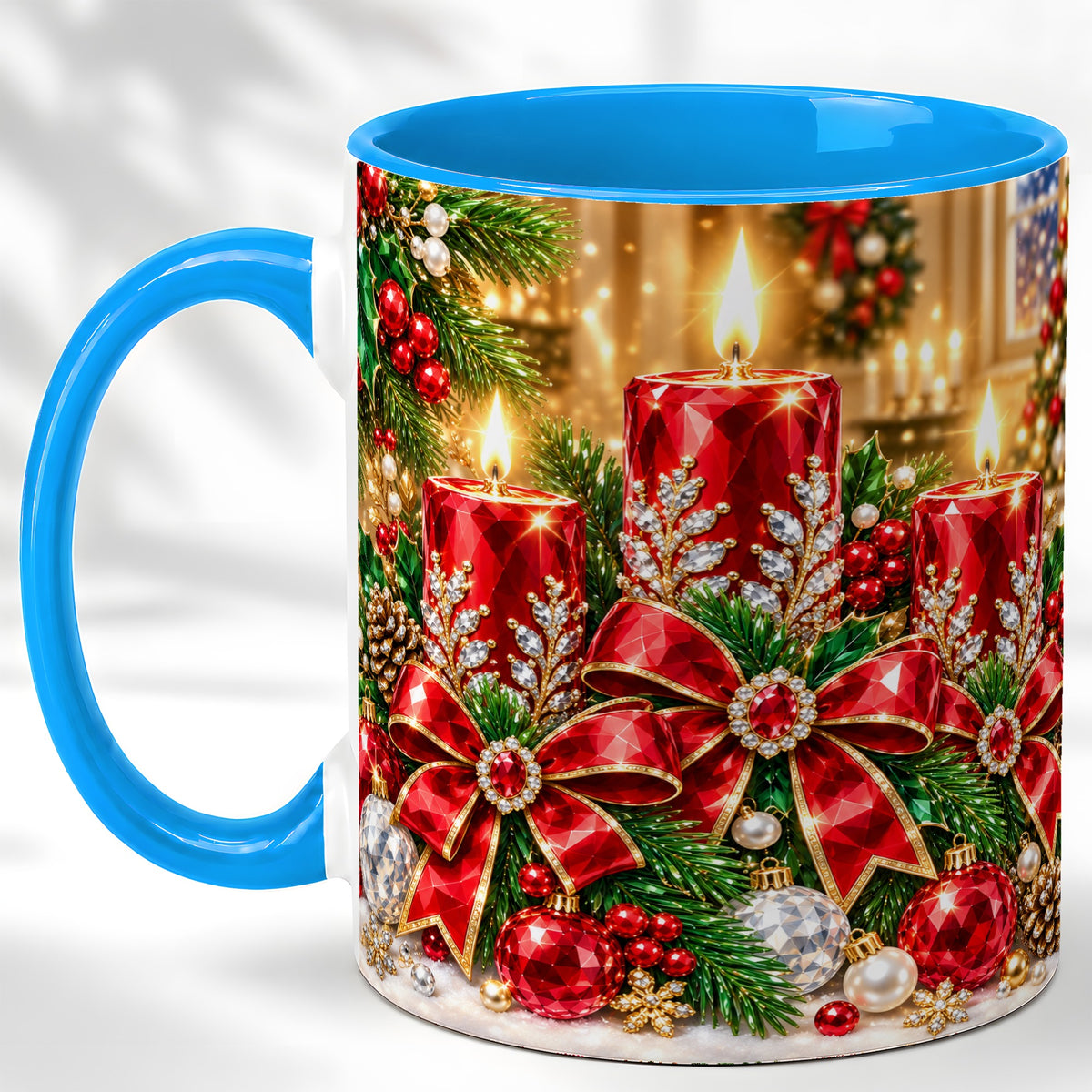 #pl[11oz|Blue] Christmas Candle Coffee Mug, Red Bow Holiday Mug, Ceramic Cup