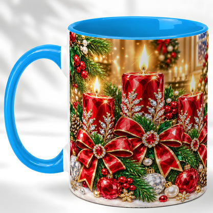 #pl[11oz|Blue] Christmas Candle Coffee Mug, Red Bow Holiday Mug, Ceramic Cup