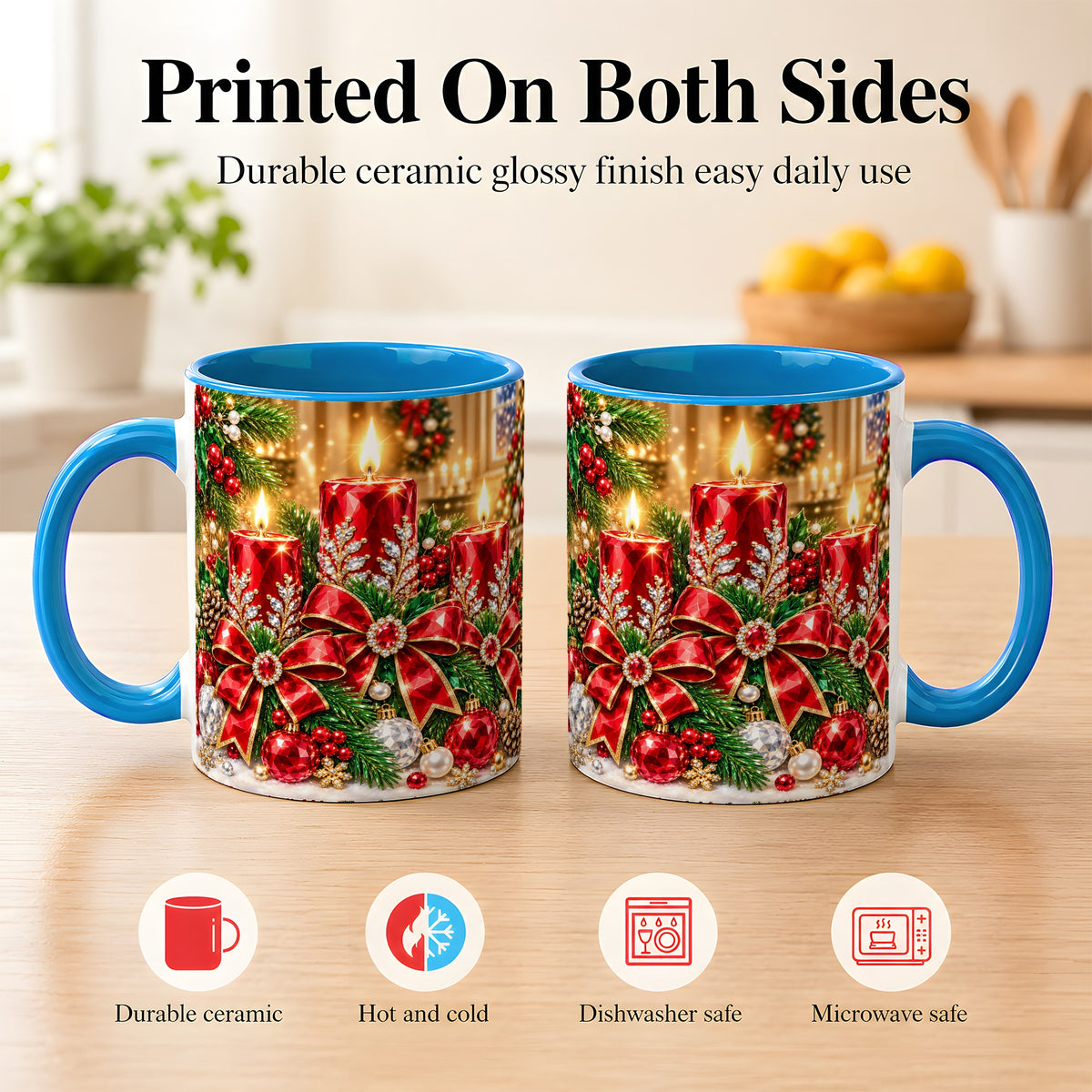 #pl[11oz|Blue] Christmas Candle Coffee Mug, Red Bow Holiday Mug, Ceramic Cup