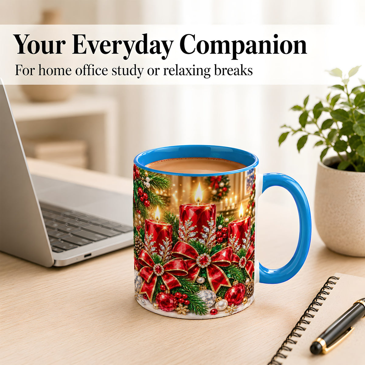 #pl[11oz|Blue] Christmas Candle Coffee Mug, Red Bow Holiday Mug, Ceramic Cup