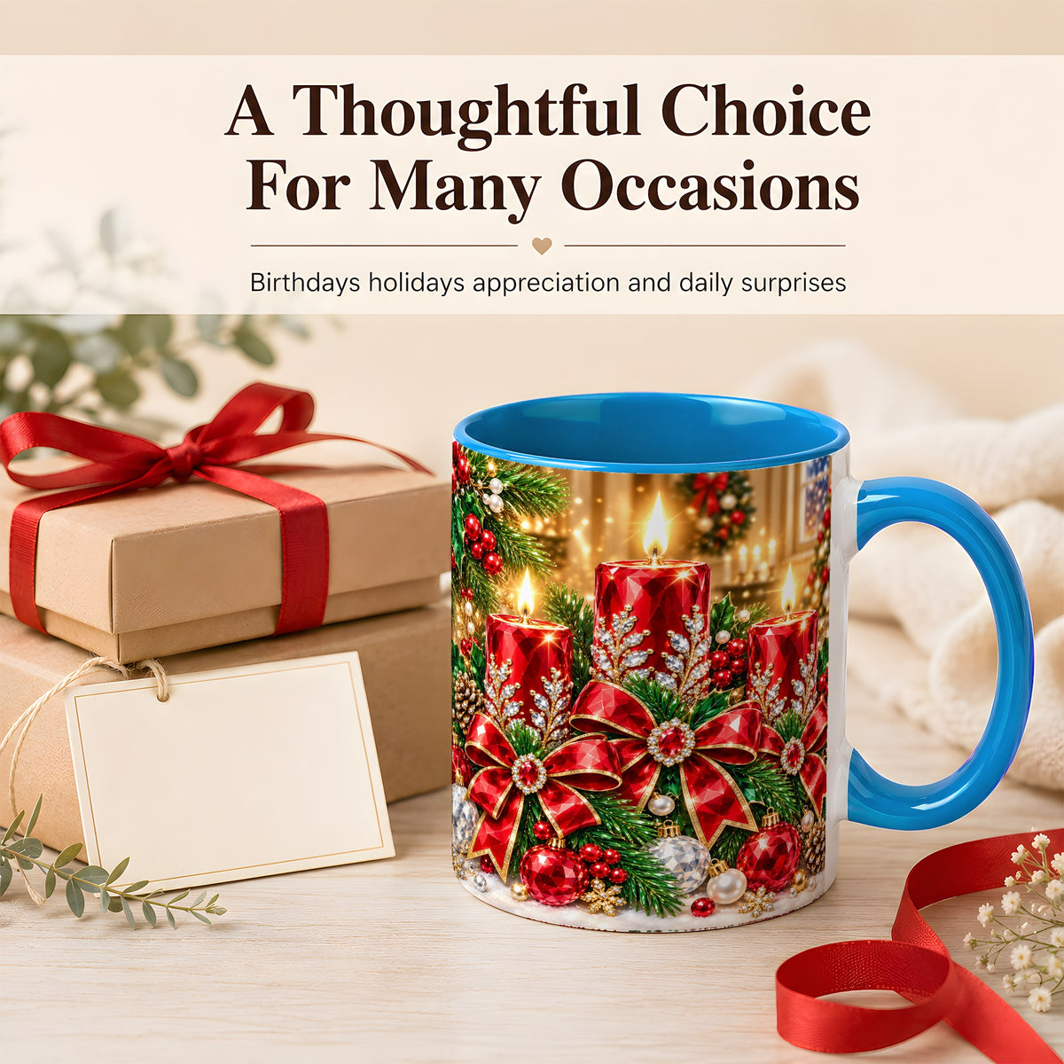 #pl[11oz|Blue] Christmas Candle Coffee Mug, Red Bow Holiday Mug, Ceramic Cup