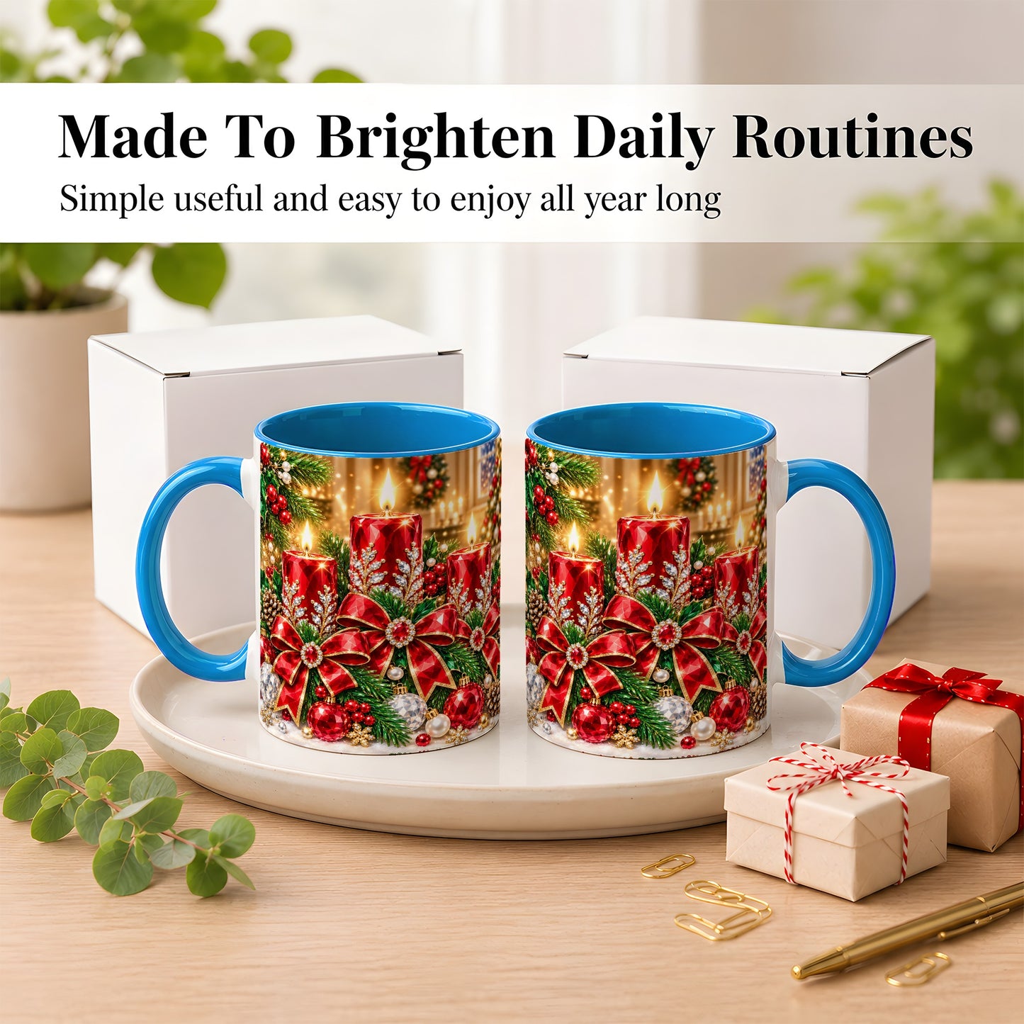 #pl[11oz|Blue] Christmas Candle Coffee Mug, Red Bow Holiday Mug, Ceramic Cup