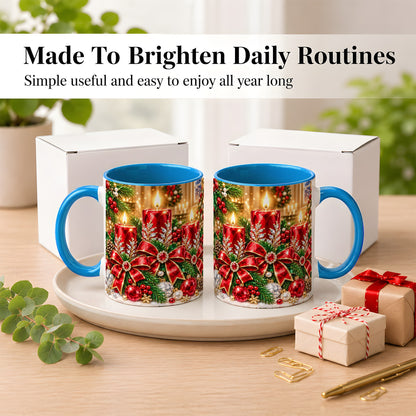 #pl[11oz|Blue] Christmas Candle Coffee Mug, Red Bow Holiday Mug, Ceramic Cup