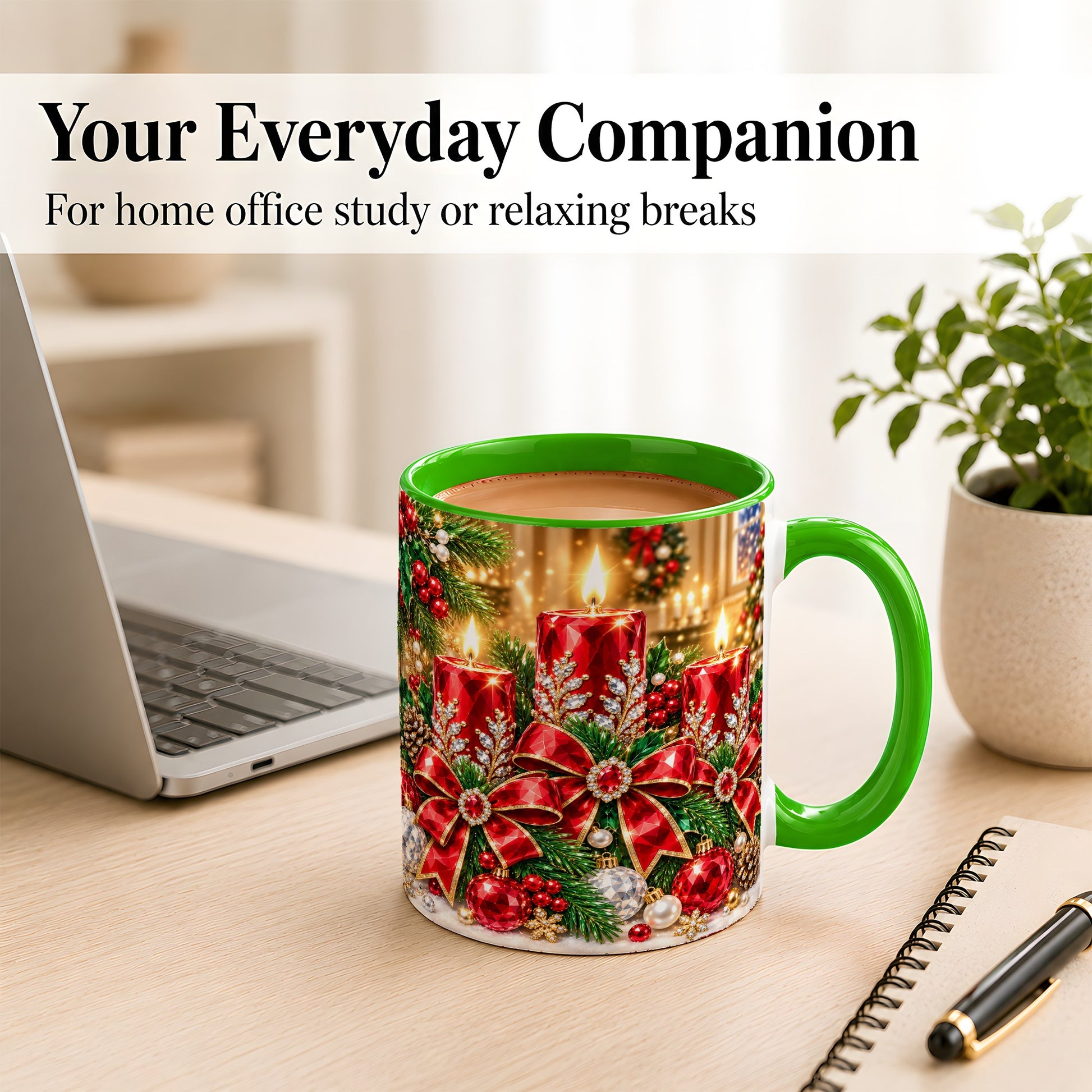 #pl[11oz|Green] Christmas Candle Coffee Mug, Red Bow Holiday Mug, Ceramic Cup