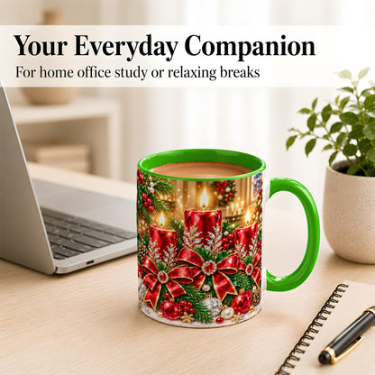 #pl[11oz|Green] Christmas Candle Coffee Mug, Red Bow Holiday Mug, Ceramic Cup