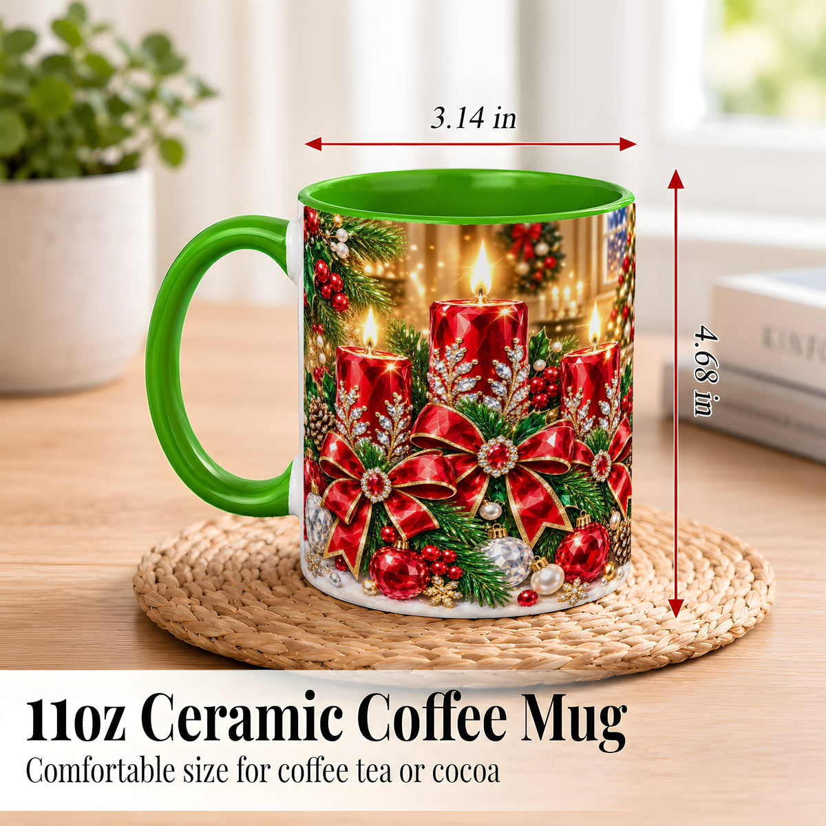 #pl[11oz|Green] Christmas Candle Coffee Mug, Red Bow Holiday Mug, Ceramic Cup