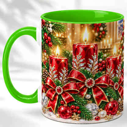 #pl[11oz|Green] Christmas Candle Coffee Mug, Red Bow Holiday Mug, Ceramic Cup