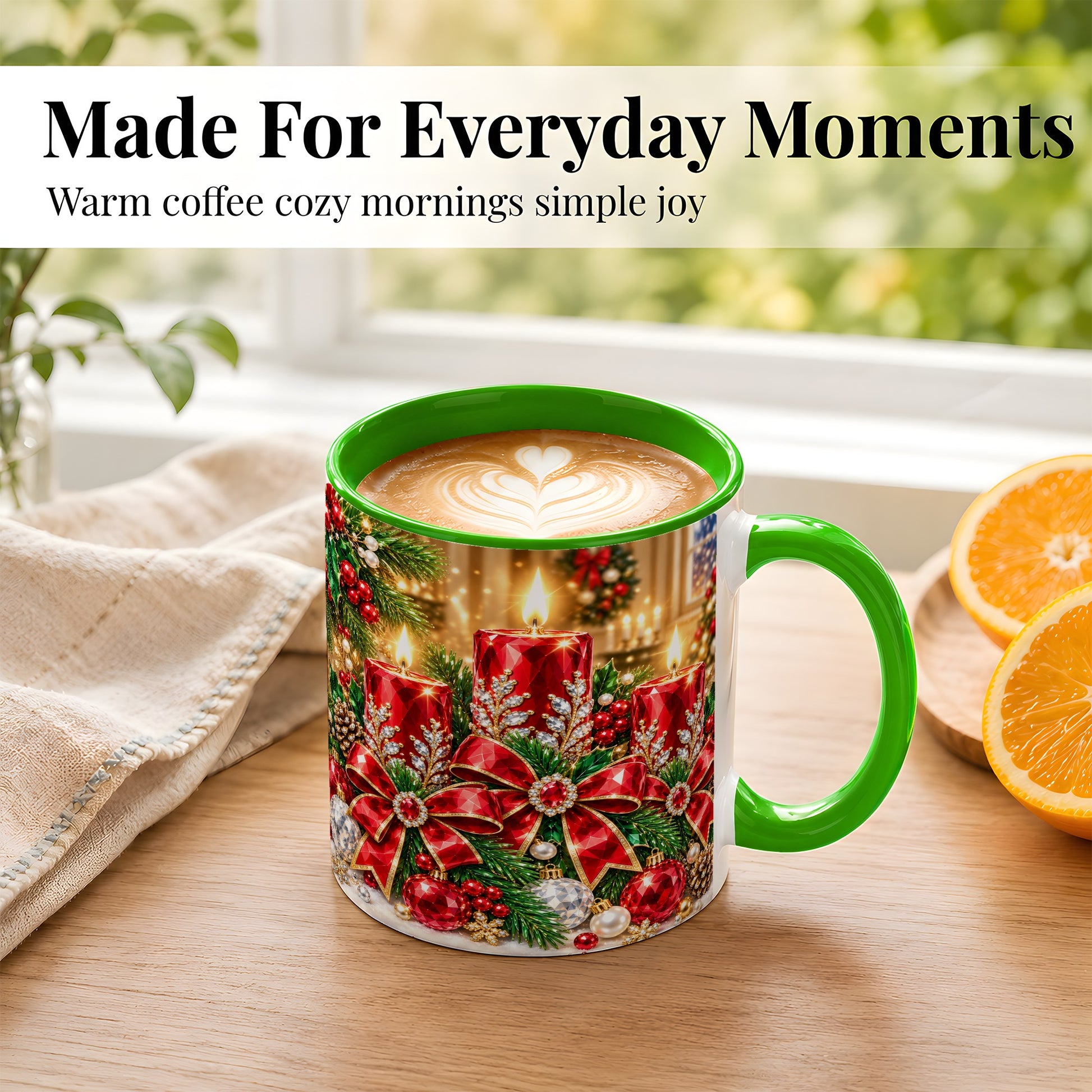 #pl[11oz|Green] Christmas Candle Coffee Mug, Red Bow Holiday Mug, Ceramic Cup