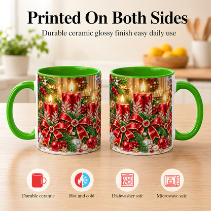 #pl[11oz|Green] Christmas Candle Coffee Mug, Red Bow Holiday Mug, Ceramic Cup