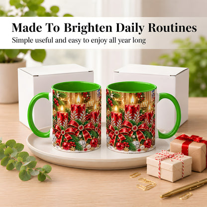 #pl[11oz|Green] Christmas Candle Coffee Mug, Red Bow Holiday Mug, Ceramic Cup