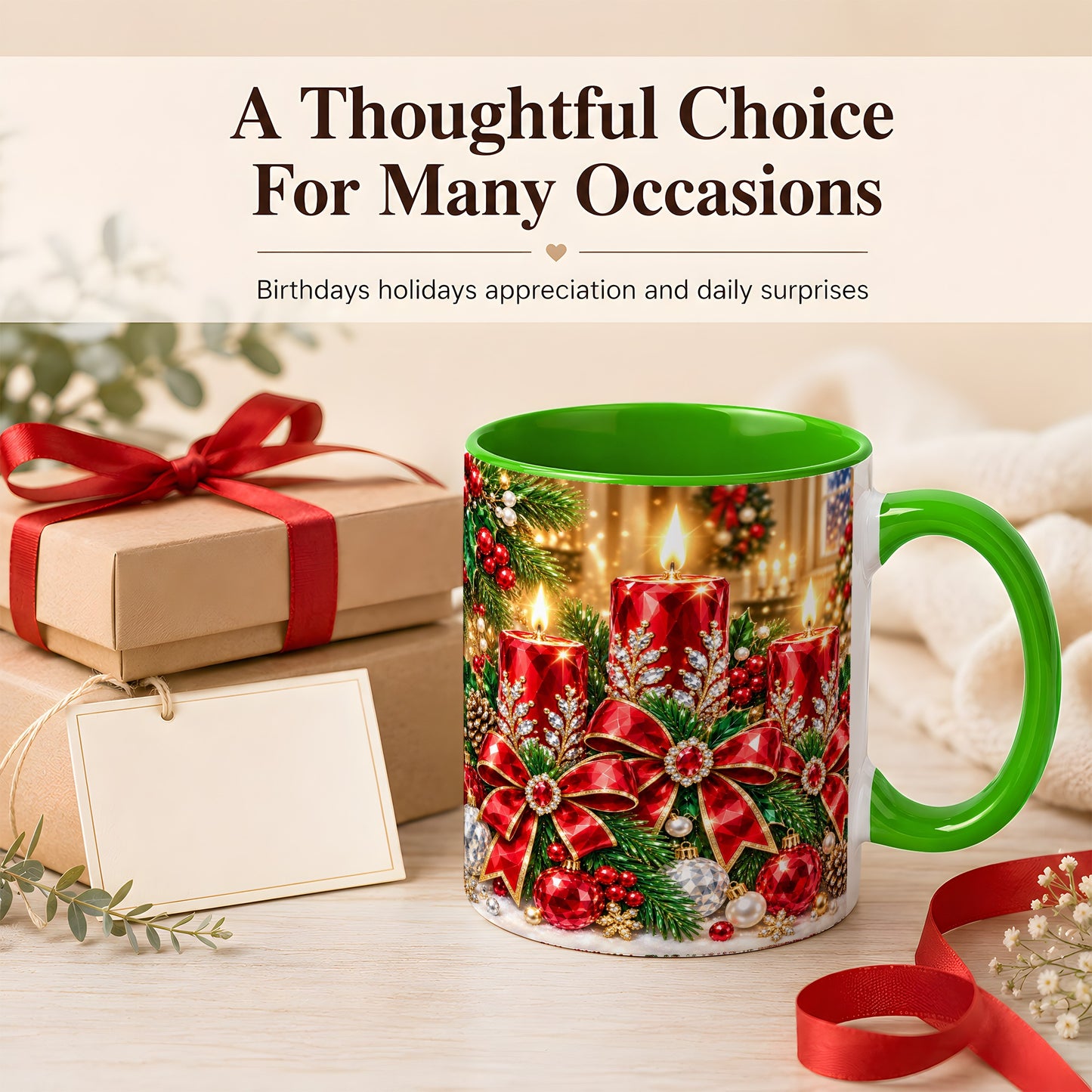 #pl[11oz|Green] Christmas Candle Coffee Mug, Red Bow Holiday Mug, Ceramic Cup