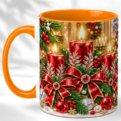 #pl[11oz|Orange] Christmas Candle Coffee Mug, Red Bow Holiday Mug, Ceramic Cup