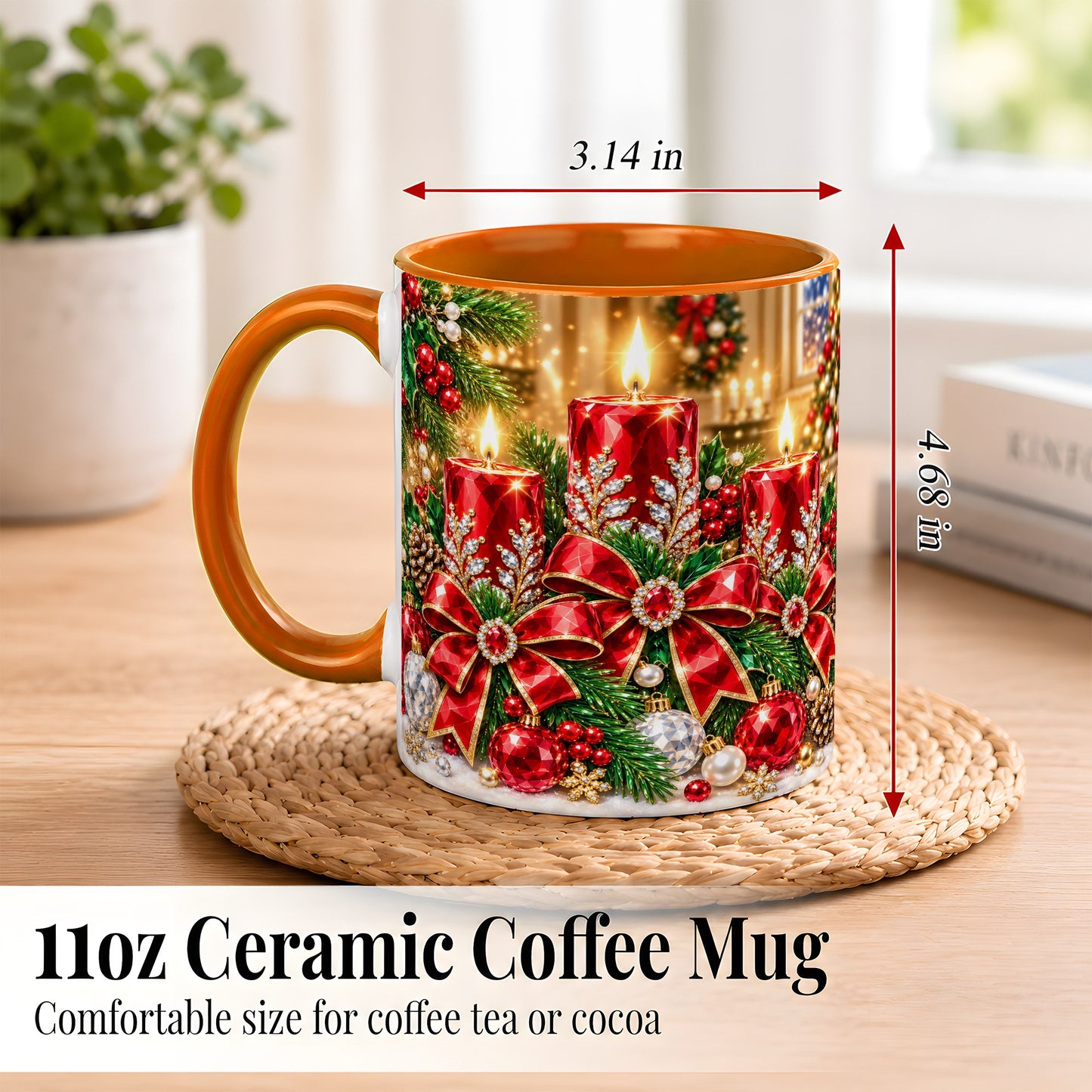 #pl[11oz|Orange] Christmas Candle Coffee Mug, Red Bow Holiday Mug, Ceramic Cup