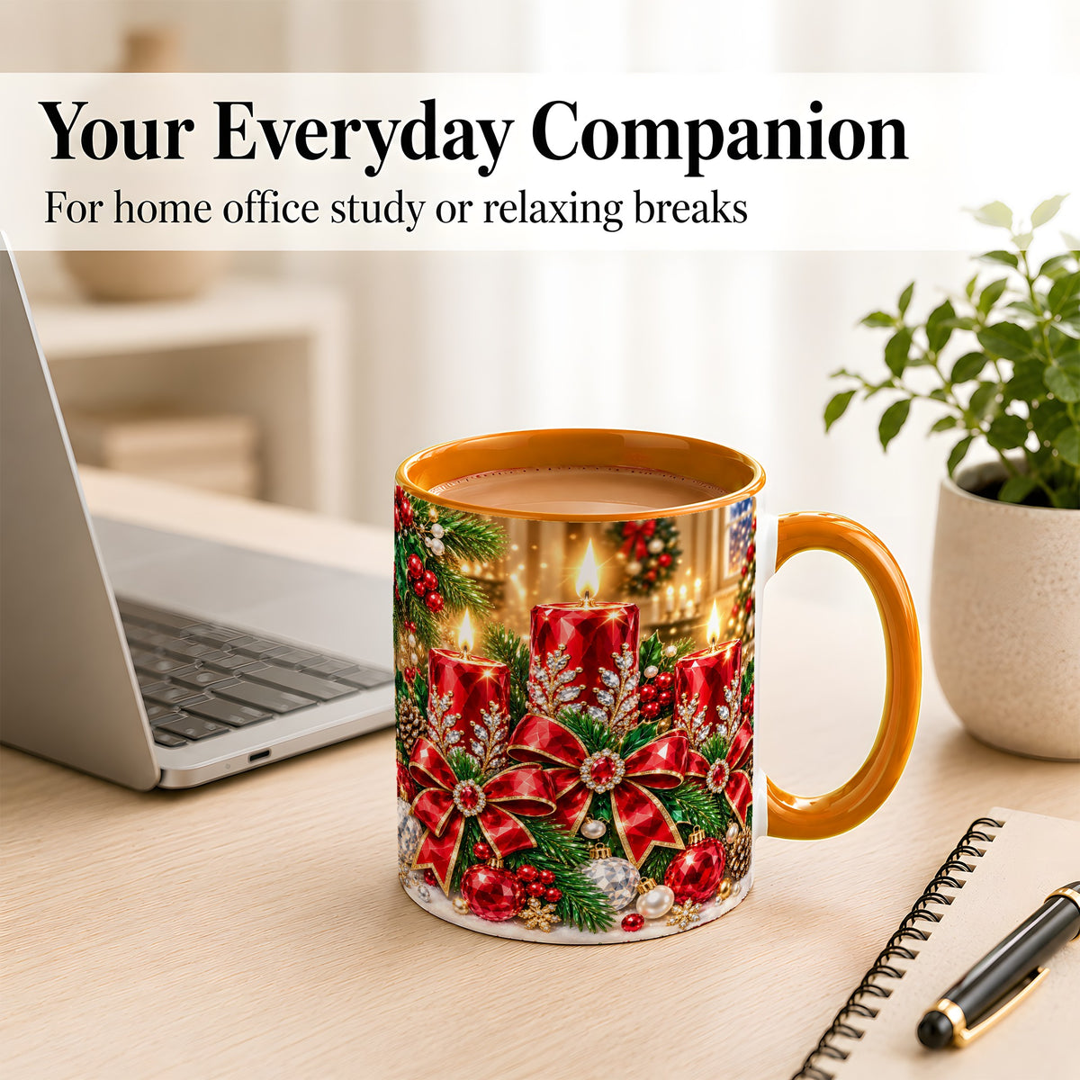 #pl[11oz|Orange] Christmas Candle Coffee Mug, Red Bow Holiday Mug, Ceramic Cup