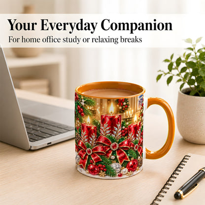 #pl[11oz|Orange] Christmas Candle Coffee Mug, Red Bow Holiday Mug, Ceramic Cup