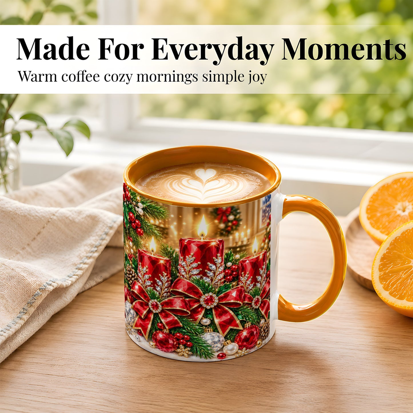 #pl[11oz|Orange] Christmas Candle Coffee Mug, Red Bow Holiday Mug, Ceramic Cup