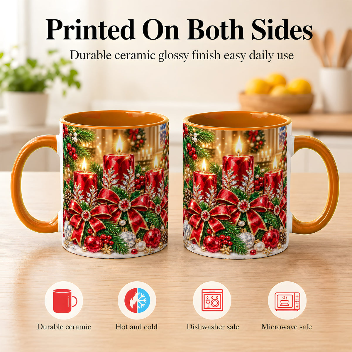 #pl[11oz|Orange] Christmas Candle Coffee Mug, Red Bow Holiday Mug, Ceramic Cup