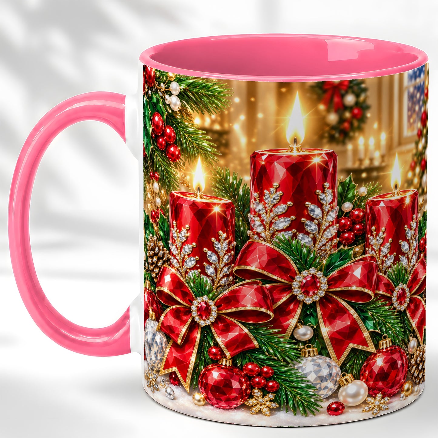 #pl[11oz|Pink] Christmas Candle Coffee Mug, Red Bow Holiday Mug, Ceramic Cup