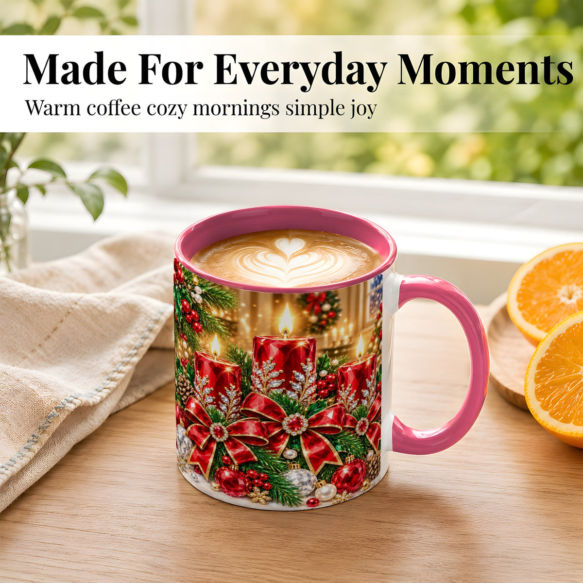 #pl[11oz|Pink] Christmas Candle Coffee Mug, Red Bow Holiday Mug, Ceramic Cup
