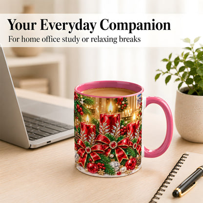 #pl[11oz|Pink] Christmas Candle Coffee Mug, Red Bow Holiday Mug, Ceramic Cup
