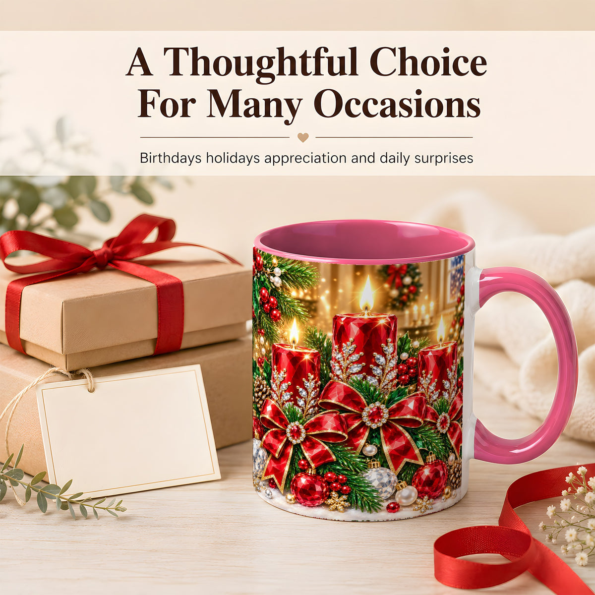 #pl[11oz|Pink] Christmas Candle Coffee Mug, Red Bow Holiday Mug, Ceramic Cup