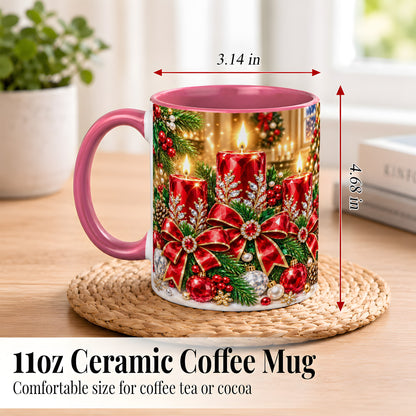 #pl[11oz|Pink] Christmas Candle Coffee Mug, Red Bow Holiday Mug, Ceramic Cup