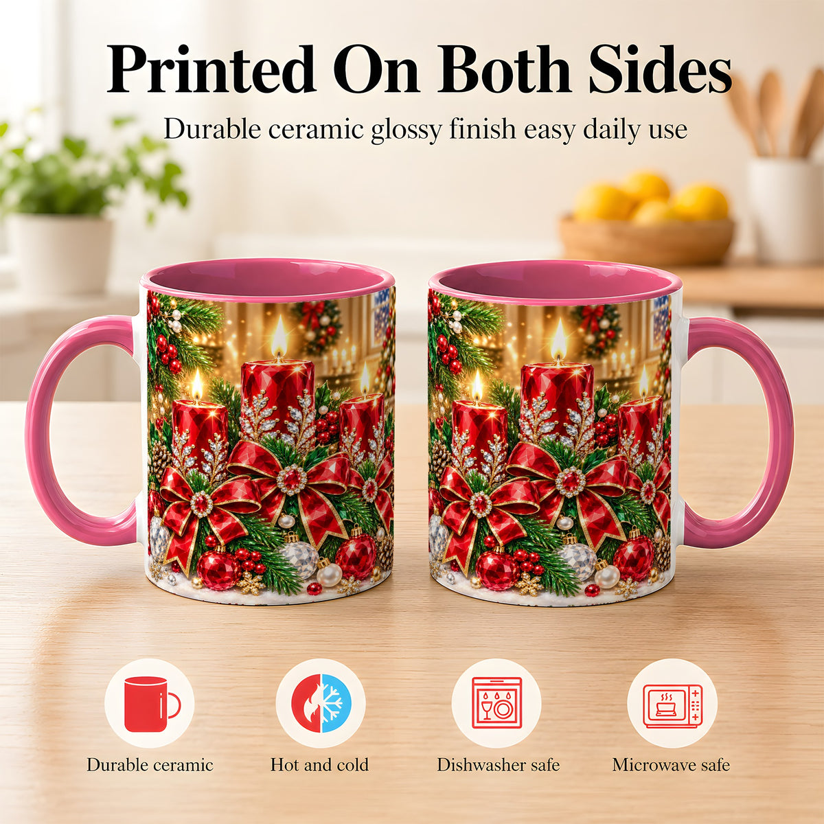 #pl[11oz|Pink] Christmas Candle Coffee Mug, Red Bow Holiday Mug, Ceramic Cup