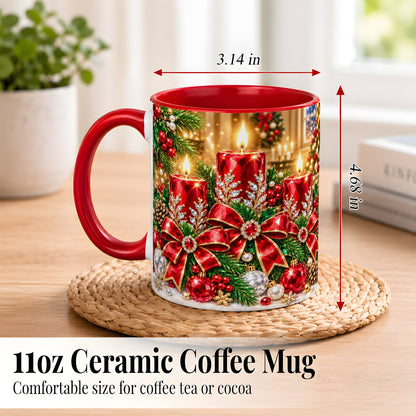 #pl[11oz|Red] Christmas Candle Coffee Mug, Red Bow Holiday Mug, Ceramic Cup