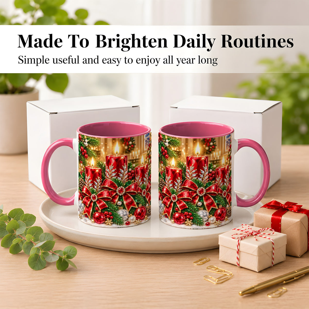 #pl[11oz|Pink] Christmas Candle Coffee Mug, Red Bow Holiday Mug, Ceramic Cup