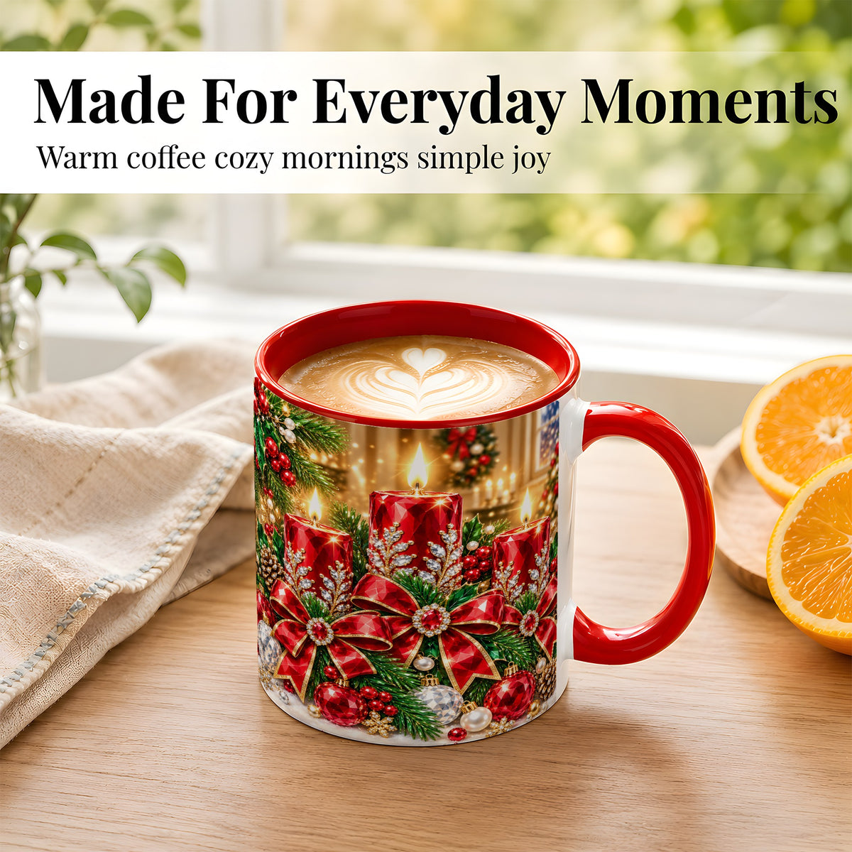 #pl[11oz|Red] Christmas Candle Coffee Mug, Red Bow Holiday Mug, Ceramic Cup
