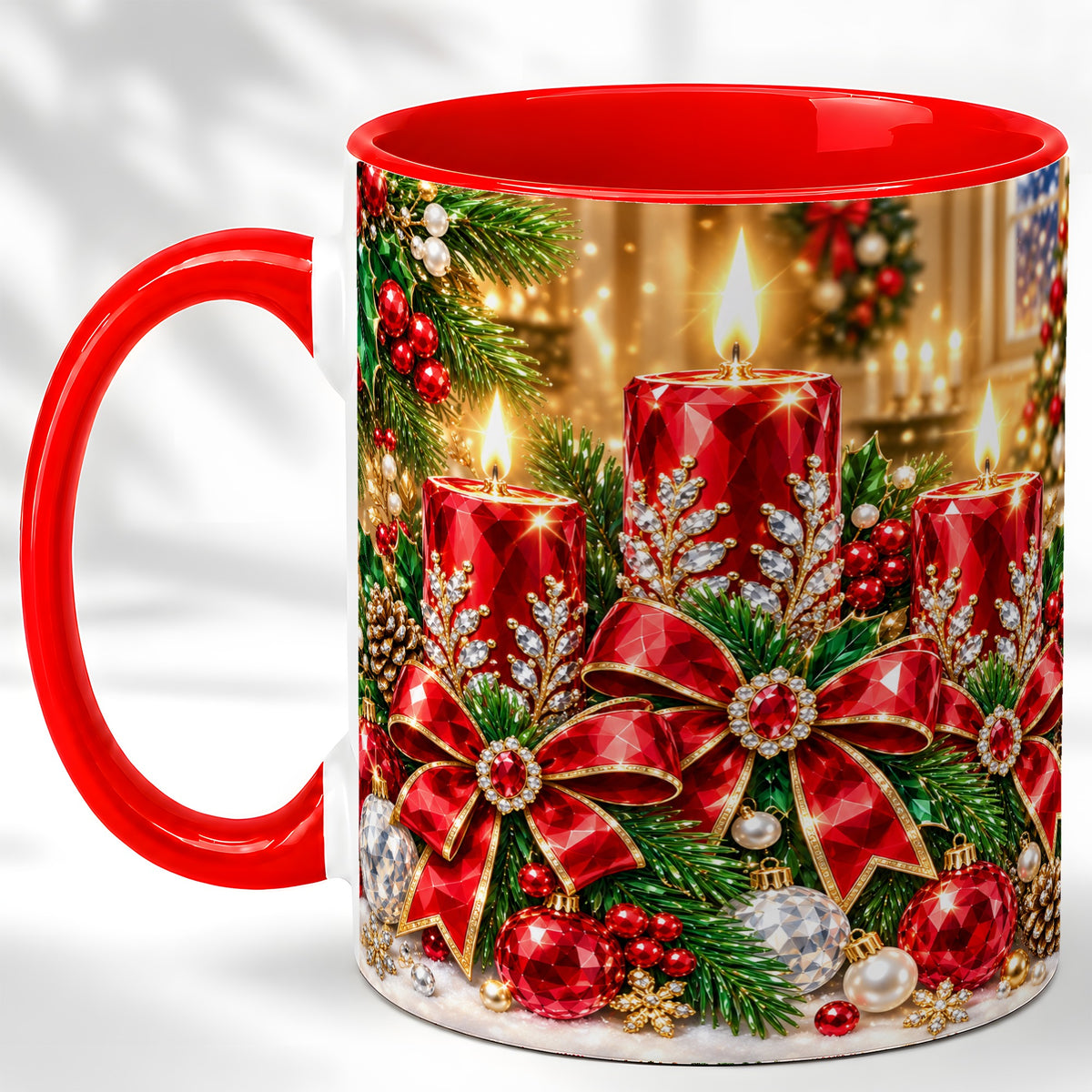 Christmas Candle Coffee Mug, Red Bow Holiday Mug, Ceramic Cup