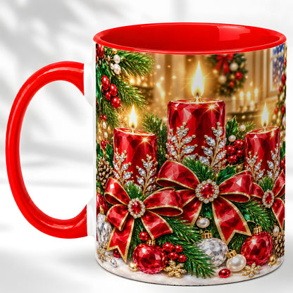Christmas Candle Coffee Mug, Red Bow Holiday Mug, Ceramic Cup