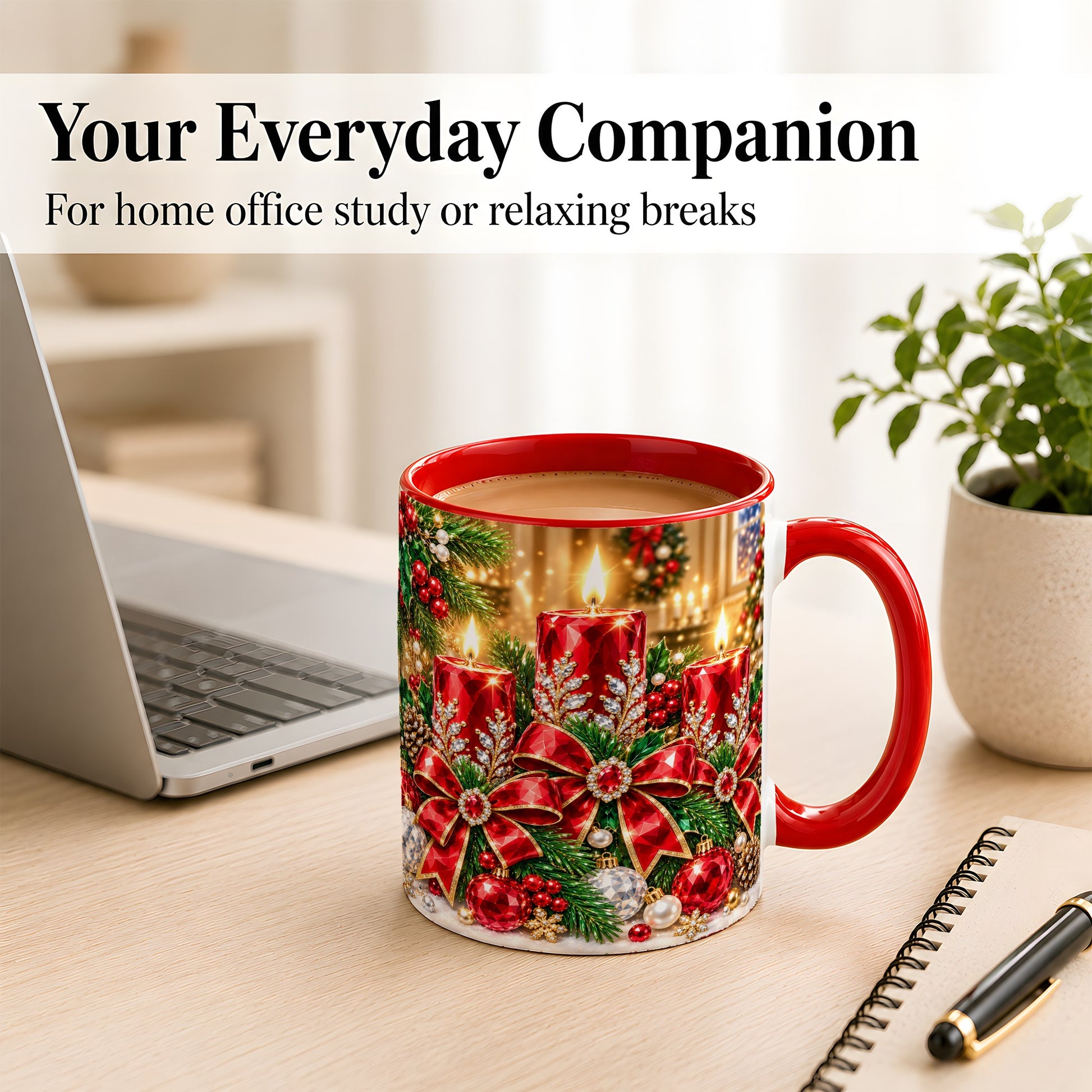 #pl[11oz|Red] Christmas Candle Coffee Mug, Red Bow Holiday Mug, Ceramic Cup