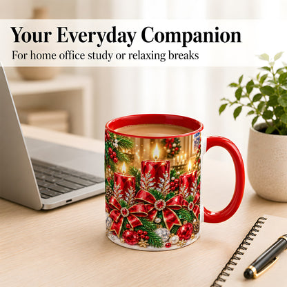 #pl[11oz|Red] Christmas Candle Coffee Mug, Red Bow Holiday Mug, Ceramic Cup