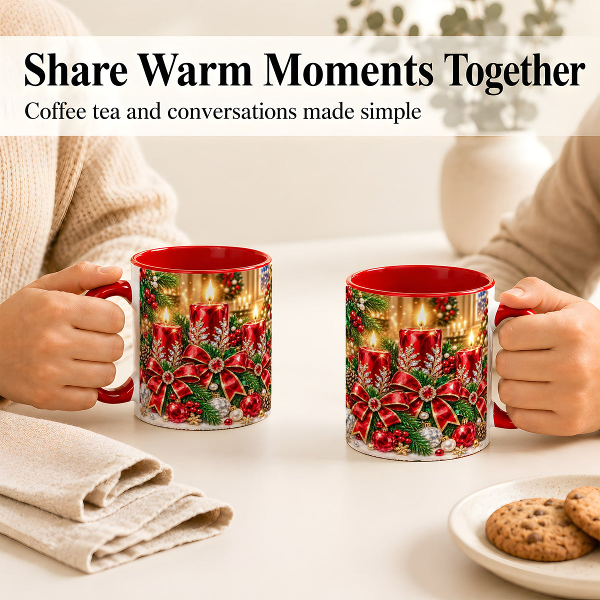#pl[11oz|Red] Christmas Candle Coffee Mug, Red Bow Holiday Mug, Ceramic Cup