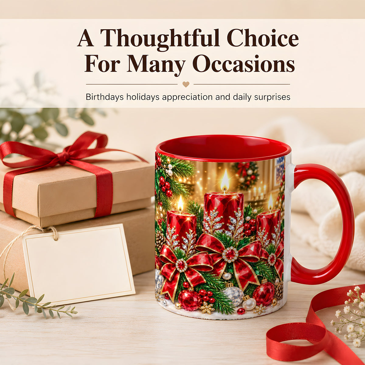 #pl[11oz|Red] Christmas Candle Coffee Mug, Red Bow Holiday Mug, Ceramic Cup