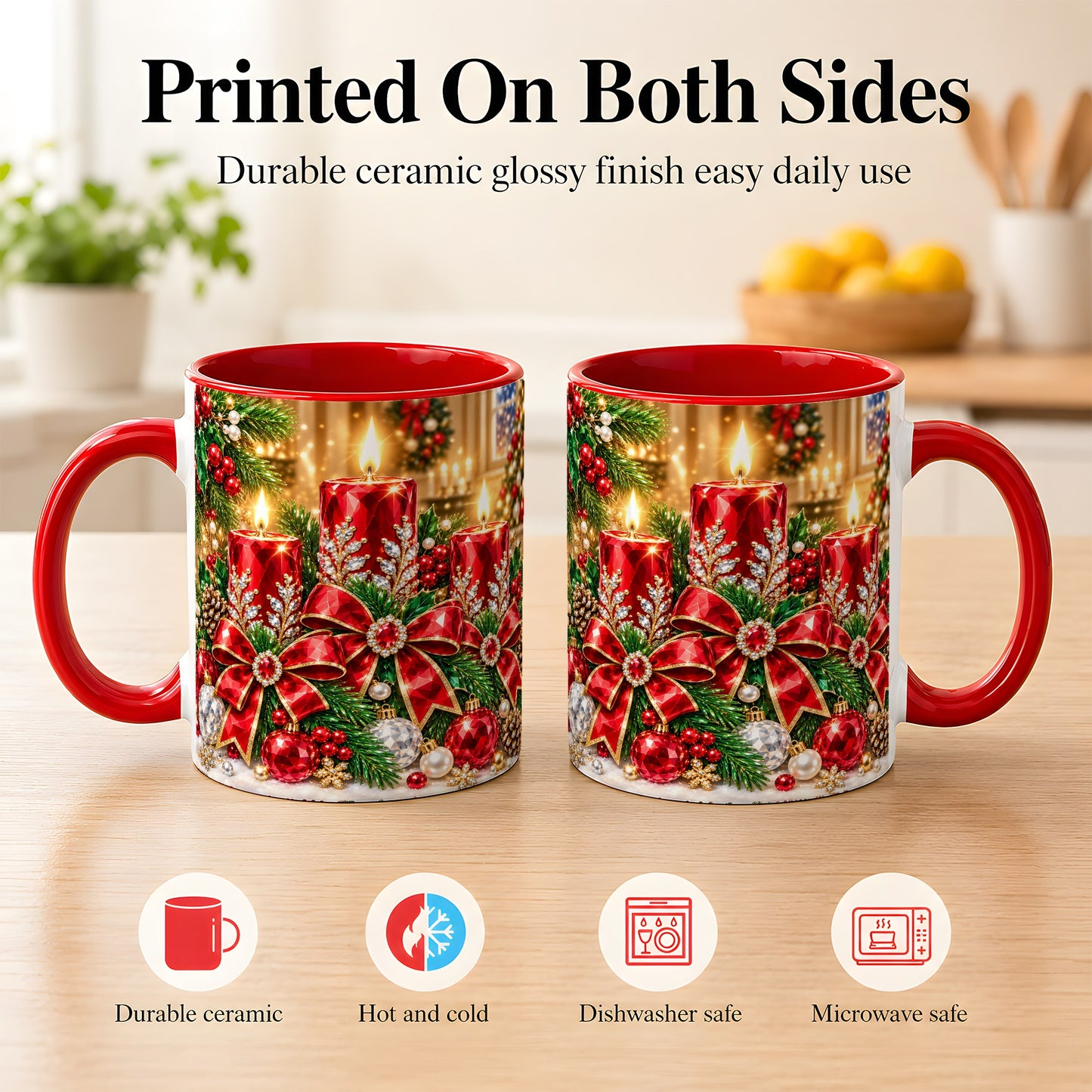 #pl[11oz|Red] Christmas Candle Coffee Mug, Red Bow Holiday Mug, Ceramic Cup