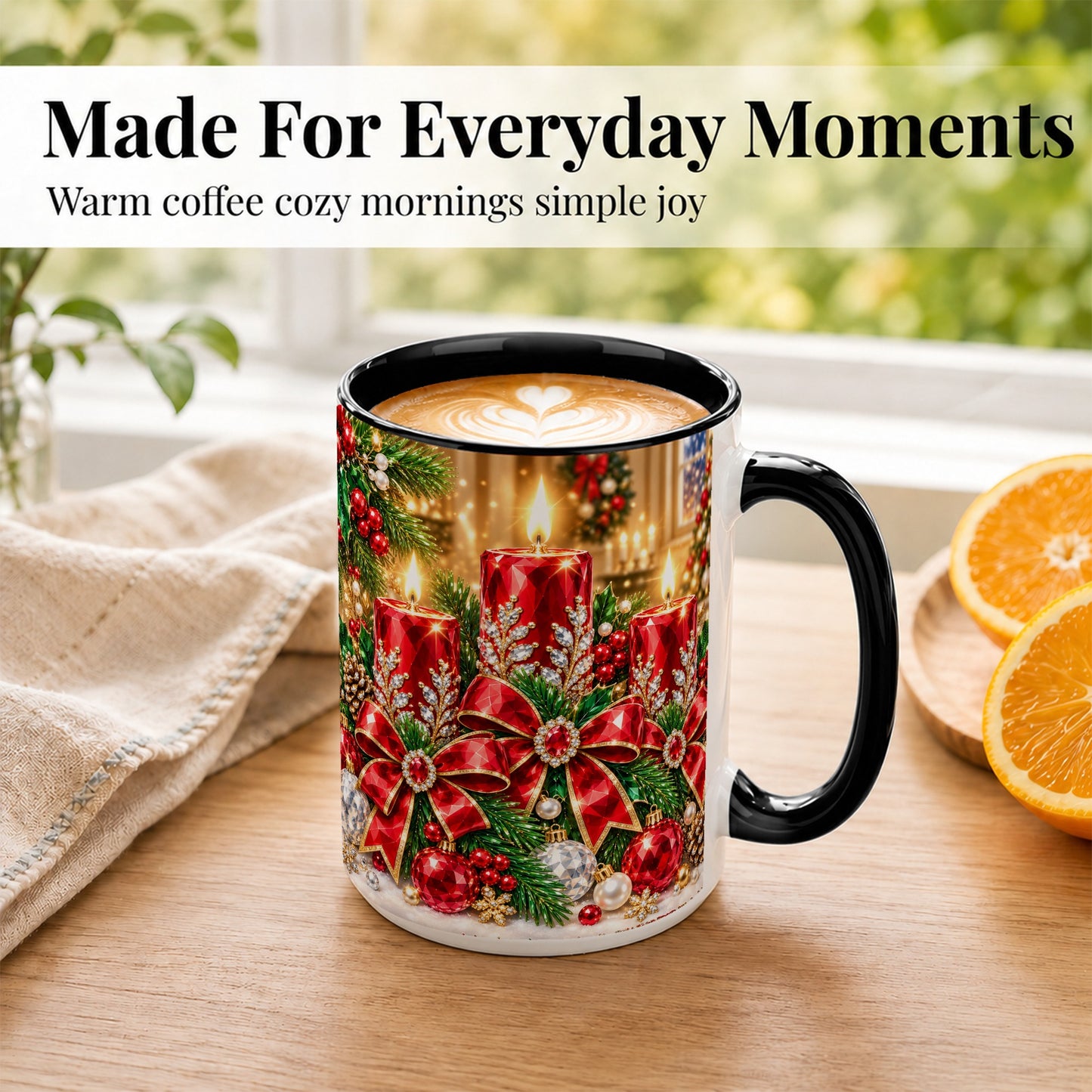 #pl[15oz|Black] Christmas Candle Coffee Mug, Red Bow Holiday Mug, Ceramic Cup