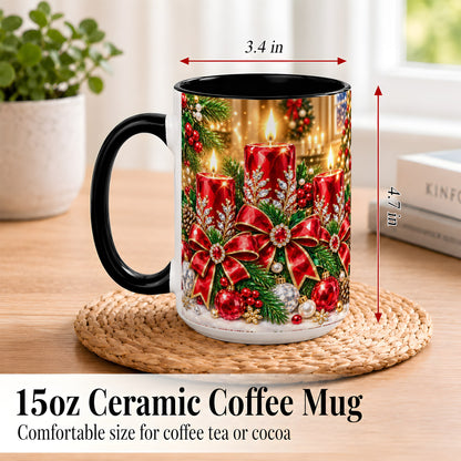 #pl[15oz|Black] Christmas Candle Coffee Mug, Red Bow Holiday Mug, Ceramic Cup