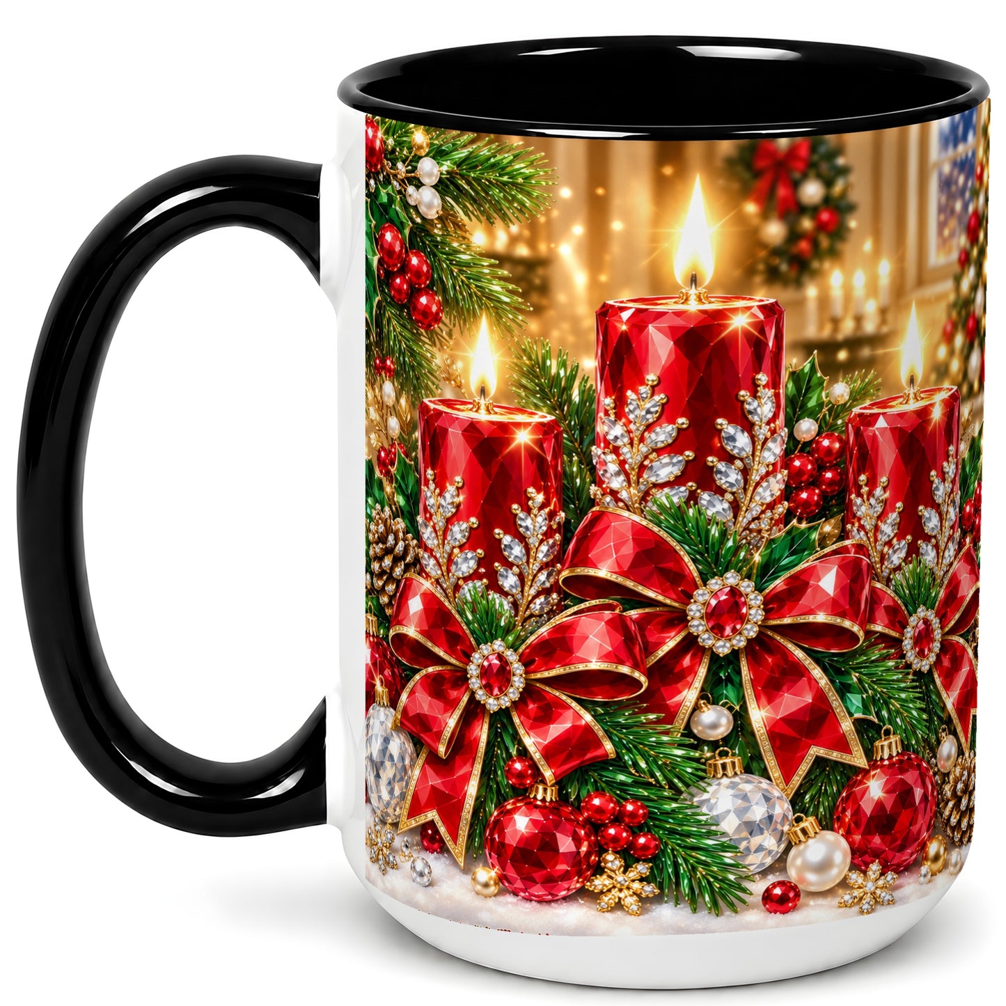 #pl[15oz|Black] Christmas Candle Coffee Mug, Red Bow Holiday Mug, Ceramic Cup