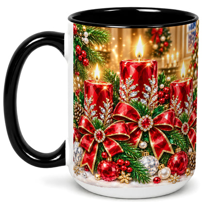 #pl[15oz|Black] Christmas Candle Coffee Mug, Red Bow Holiday Mug, Ceramic Cup