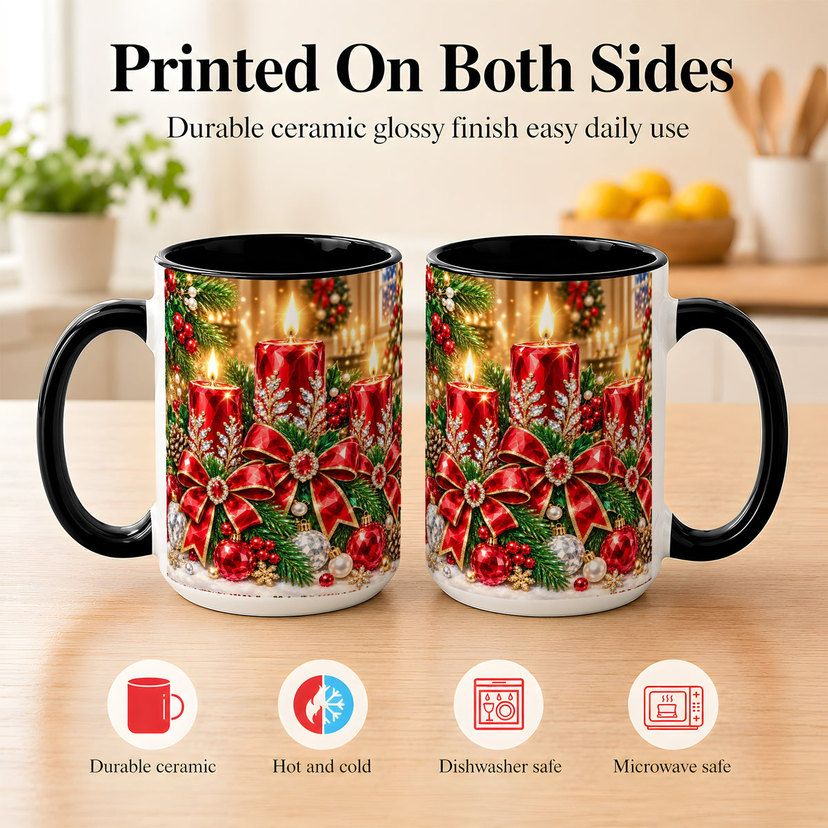 #pl[15oz|Black] Christmas Candle Coffee Mug, Red Bow Holiday Mug, Ceramic Cup
