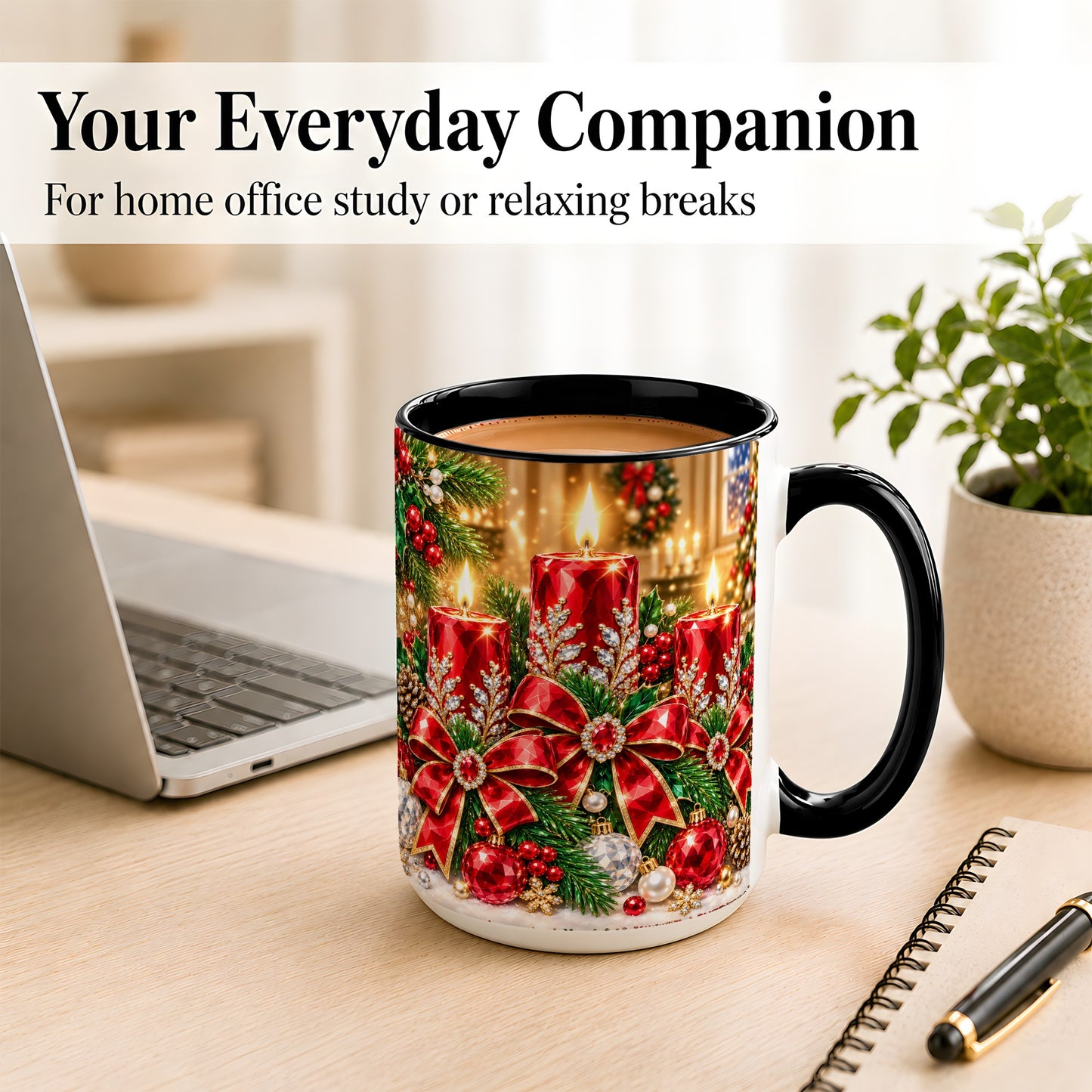 #pl[15oz|Black] Christmas Candle Coffee Mug, Red Bow Holiday Mug, Ceramic Cup