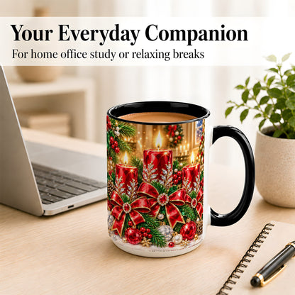 #pl[15oz|Black] Christmas Candle Coffee Mug, Red Bow Holiday Mug, Ceramic Cup
