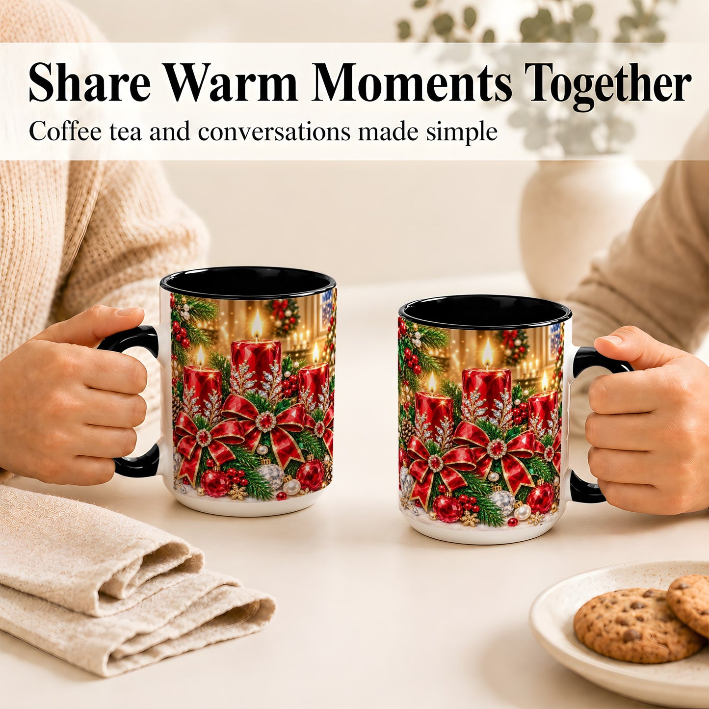 #pl[15oz|Black] Christmas Candle Coffee Mug, Red Bow Holiday Mug, Ceramic Cup